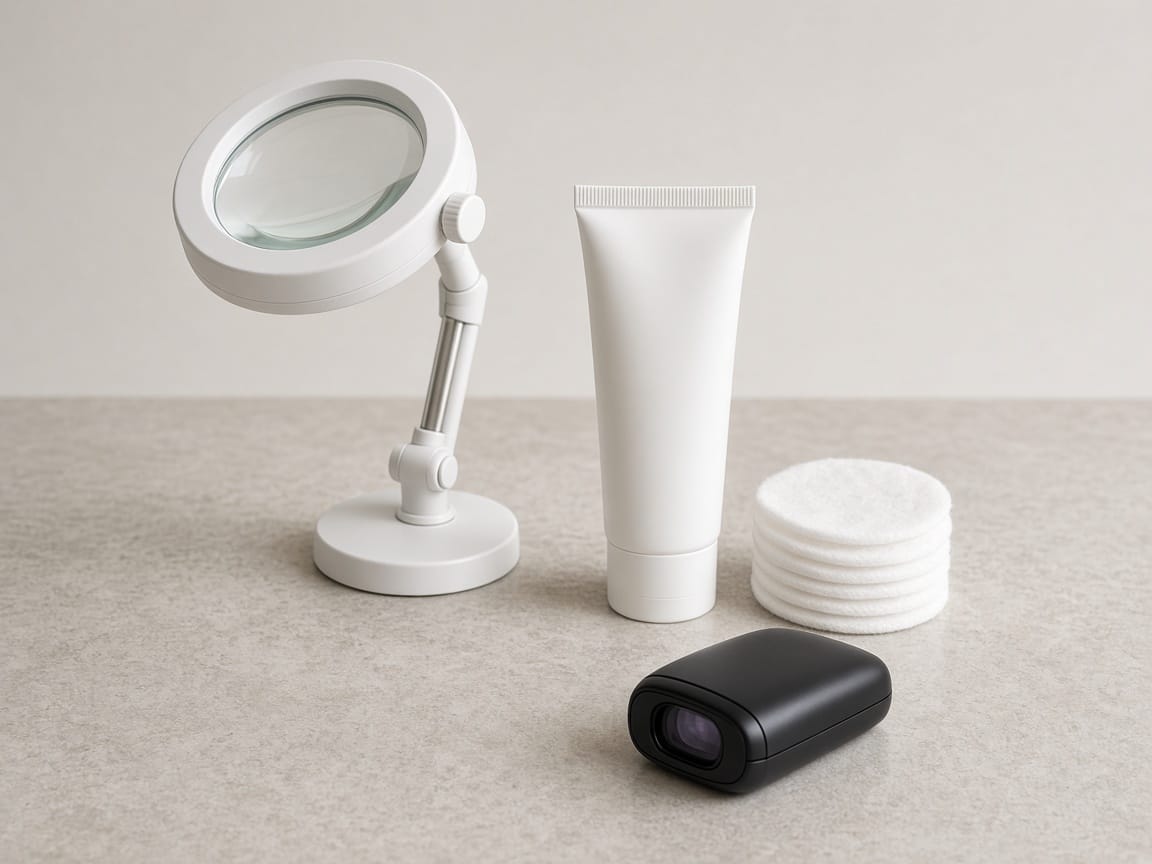 Dermatoskop lambası ve güneş koruyucu - leke değerlendirmesi natürmortu