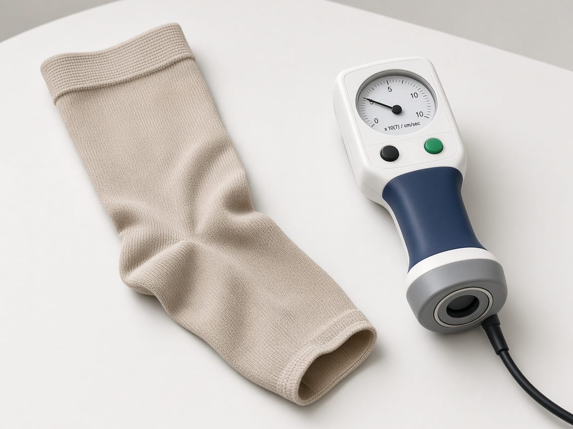 Kompresyon çorabı ve Doppler - varis desteği natürmortu